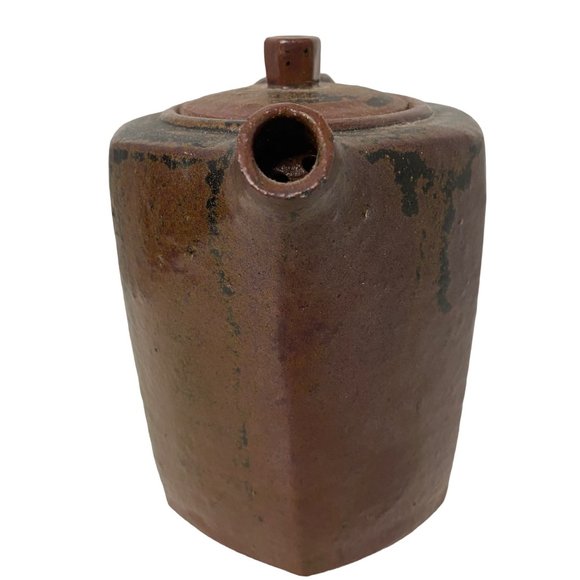 Vintage stoneware brown hexagonal teapot coffeepot handmade w/handle top 6.5" - Picture 4 of 8